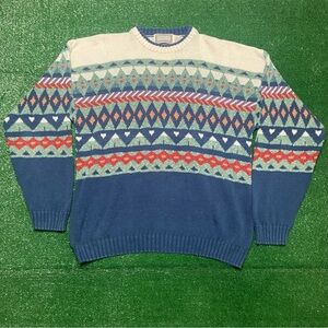 Men's Crewneck Fair Isle Sweater in Blue and Cream